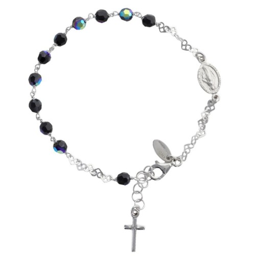 Bracelet argent 925 ajustable sur chaine, grains facettes 3 mm (3 g) avec médaille VM & croix + boîte.