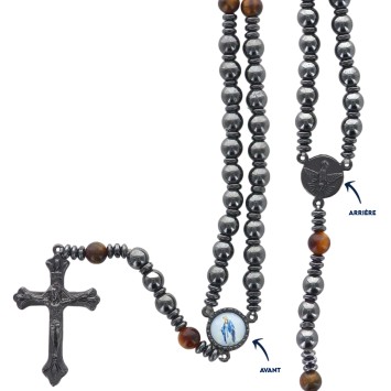 Chapelet sur élastique Grains en hématite et pater en œil de tigre Ø 6 mm. Longueur jusqu'au cœur 21 cm. Livré en boite..