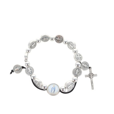 Bracelet dizainier sur élastique médaille de st Benoit et grains métal Ø 7 mm avec croix de st benoit et médaille résine VM.