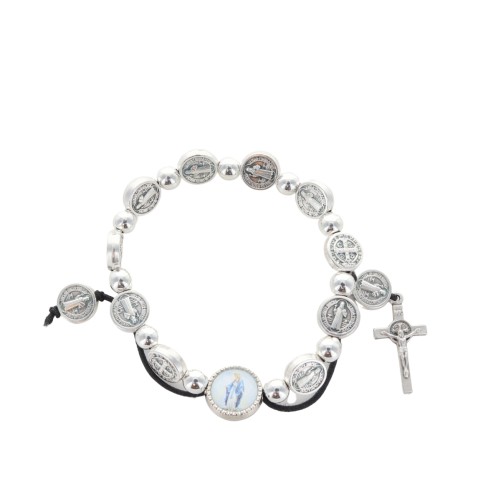 Bracelet dizainier sur élastique médaille de st Benoit et grains métal Ø 7 mm avec croix de st benoit et médaille résine VM.