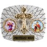 Plaque auto rectangle H. 3,5 x 4 cm arrondie en alu striée avec croix plus 2 résines, plusieurs saints.
