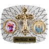 Plaque auto rectangle H. 3,5 x 4 cm arrondie en alu striée avec croix plus 2 résines, plusieurs saints.