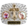 Plaque auto rectangle H. 3,5 x 4 cm arrondie en alu striée avec croix plus 2 résines, plusieurs saints.
