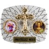Plaque auto rectangle H. 3,5 x 4 cm arrondie en alu striée avec croix plus 2 résines, plusieurs saints.
