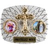 Plaque auto rectangle H. 3,5 x 4 cm arrondie en alu striée avec croix plus 2 résines, plusieurs saints.