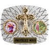 Plaque auto rectangle H. 3,5 x 4 cm arrondie en alu striée avec croix plus 2 résines, plusieurs saints.