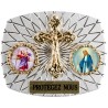 Plaque auto rectangle H. 3,5 x 4 cm arrondie en alu striée avec croix plus 2 résines, plusieurs saints.