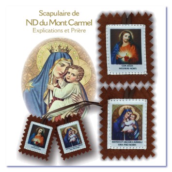 Scapulaire de ND du Mont Carmel en tissus avec explication H. 5 x 4,5 cm avec cordon marron. Livre en sachet individuel..