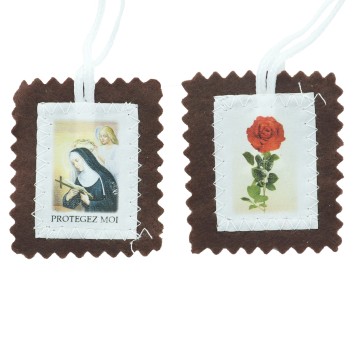 Scapulaire en tissus de sainte Rita H. 4,5 x 5 cm avec cordon blanc. Livre en sachet individuel..