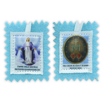 Scapulaire en tissus de la Vierge Miraculeuse sans explication H. 4,5 x 5 cm avec cordon blanc. Sachet individuel..