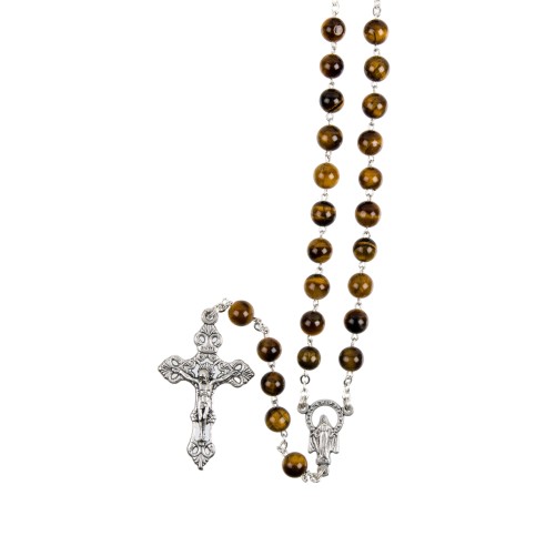 Chapelet grains œil de tigre, Ø 7 mm, chaine couleur argentée, longueur au cœur 32 cm, croix avec Christ. Livré en boite..