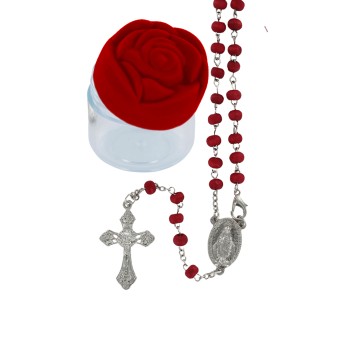 Chapelet en bois de rose Ø 5 mm, sur chaîne avec fermoir, croix avec Christ, présenté dans une boîte en forme de rose..