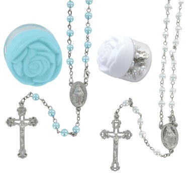 Chapelet en perles de verre Ø 5 mm, sur chaîne avec fermoir, croix avec Christ, boîte en forme de rose, 2 couleurs disponibles..