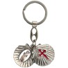 Porte-cles ouvrant de saint Jacques forme coquille Ø 3 cm avec 2 resines saint Jacques et saint Christophe.