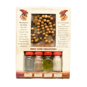 Coffret de Jérusalem avec chapelet en bois d'olivier sur corde et 4 petits flacons en verre.