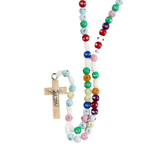 Chapelet sur corde avec fermoir grains multicolores et strass Ø 3 mm, longueur au cœur 17 cm, croix Christ métal..