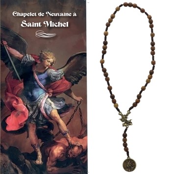 Chapelet de dévotion de saint Michel grains bois Ø 7 mm avec notice explicative, livre en sachet individuel.