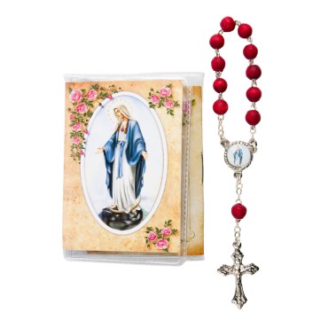 Dizainier grains bois de rose Ø 7 mm avec petit livret du saint rosaire H. 7 x 5 cm, image VM, livré en pochette..