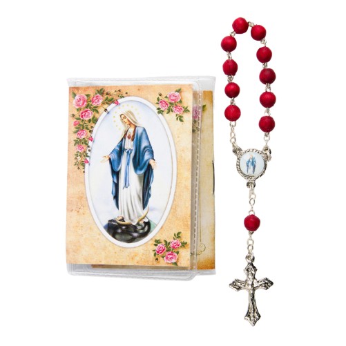 Dizainier grains bois de rose Ø 7 mm avec petit livret du saint rosaire H. 7 x 5 cm, image VM, livré en pochette..