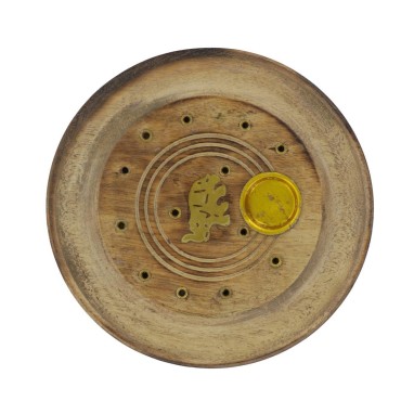 Brûle-encens rond en bois style brûlé avec éléphant, pour bâtonnets ou cônes, Ø 10 cm. Boîte de 2..