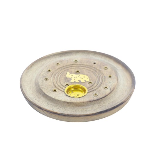 Brule encens rond pour batonnets ou cones en bois style bois brule avec elephant  Ø 10 cm. BOITE DE 2.