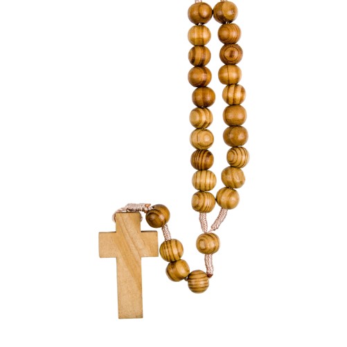 Chapelet sur corde, grains en bois Ø 10 mm, croix en bois, longueur au cœur 30 cm..