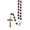 Chapelet grains en bois guilloches, Ø 7 mm, chaine couleur argentée, longueur au cœur 33 cm, croix avec Christ..