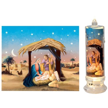 Bougie lumineuse transparente LED avec image nativité Ø 5 cm H. 15 cm.