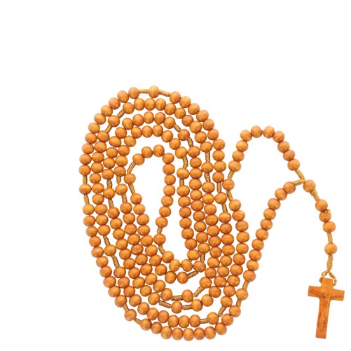 Rosaire grains en bois marron clair (20 dizaines) sur corde, Ø 8 mm, longueur au cœur 92 cm, croix en bois avec Christ ..