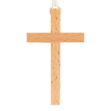 Croix d'aube en bois clair vernis 9 cm avec cordon blanc 60 cm..
