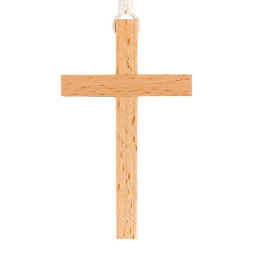 Croix d'aube en bois clair vernis 9 cm avec cordon blanc 60 cm..