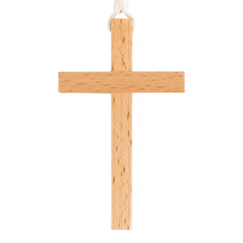 Croix d'aube en bois clair vernis 9 cm avec cordon blanc 60 cm..