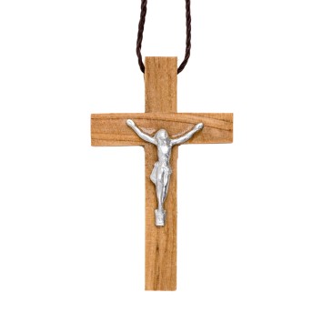 Croix de cou en bois d'olivier de Jérusalem avec Christ métal H. 4 cm avec cordon 70 cm..