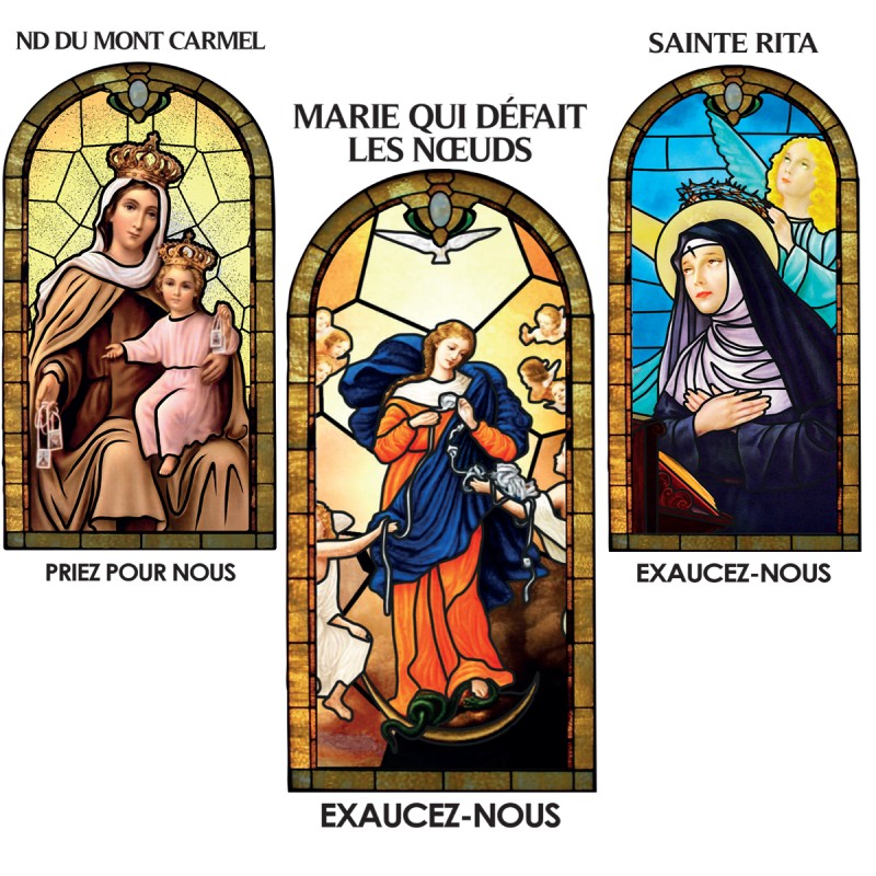 Autocollant Transparent vitrail de saint avec priere H. 10.5 x 6.5 cm pour bougie de neuvaine..
