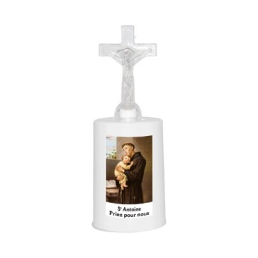 Lumignon blanc a piles H. 13,5 cm avec croix, plusieurs saints.