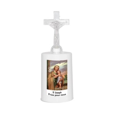Lumignon blanc a piles H. 13,5 cm avec croix, plusieurs saints.