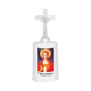 Lumignon blanc a piles H. 13,5 cm avec croix, plusieurs saints.