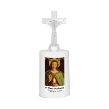 Lumignon blanc a piles H. 13,5 cm avec croix, plusieurs saints.