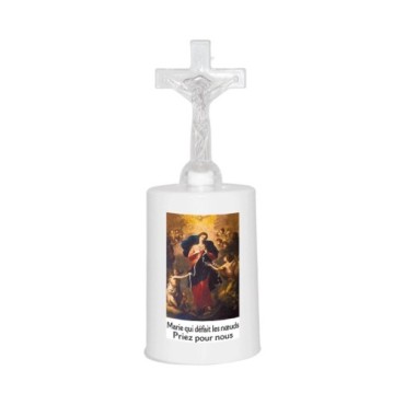 Lumignon blanc a piles H. 13,5 cm avec croix, plusieurs saints.