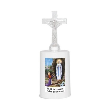 Lumignon blanc a piles H. 13,5 cm avec croix, plusieurs saints.