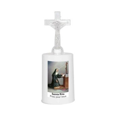 Lumignon blanc a piles H. 13,5 cm avec croix, plusieurs saints.