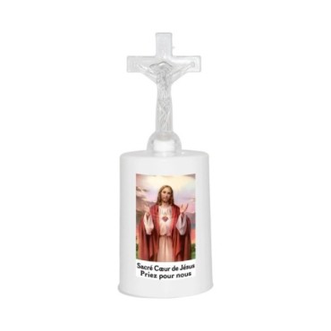 Lumignon blanc a piles H. 13,5 cm avec croix, plusieurs saints.