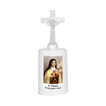 Lumignon blanc a piles H. 13,5 cm avec croix, plusieurs saints.
