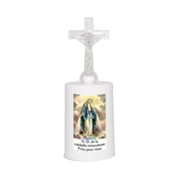 Lumignon blanc a piles H. 13,5 cm avec croix, plusieurs saints.