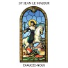 Autocollant BLANC vitrail de saint avec priere H. 10.5 x 6.5 cm pour bougie de neuvaine..