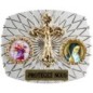 Plaque auto rectangle H. 3,5 x 4 cm arrondie en alu striée avec croix plus 2 résines, plusieurs saints.