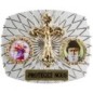 Plaque auto rectangle H. 3,5 x 4 cm arrondie en alu striée avec croix plus 2 résines, plusieurs saints.
