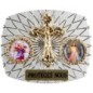 Plaque auto rectangle H. 3,5 x 4 cm arrondie en alu striée avec croix plus 2 résines, plusieurs saints.