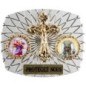 Plaque auto rectangle H. 3,5 x 4 cm arrondie en alu striée avec croix plus 2 résines, plusieurs saints.