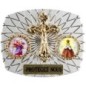 Plaque auto rectangle H. 3,5 x 4 cm arrondie en alu striée avec croix plus 2 résines, plusieurs saints.